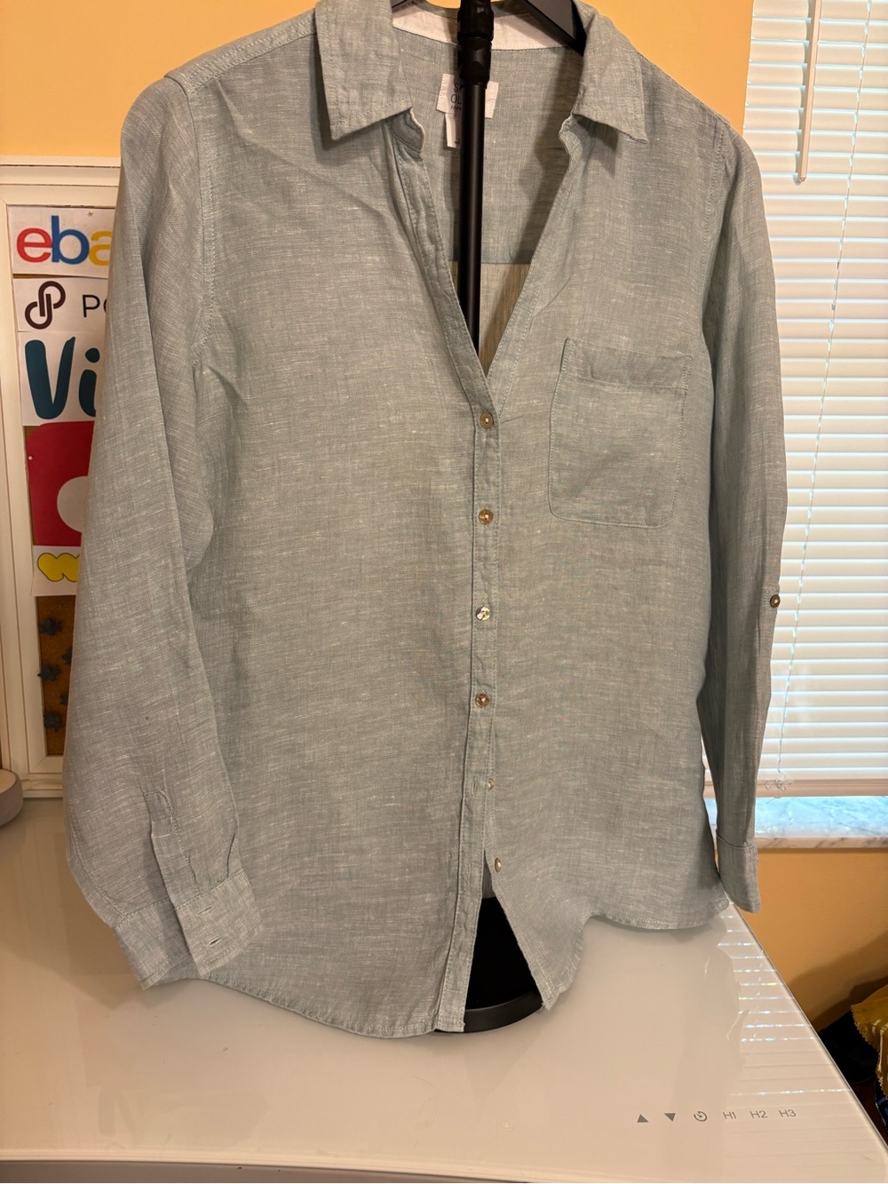 Sigrid Olsen Light Seafoam Green Button-Down 100% Linen Shirt